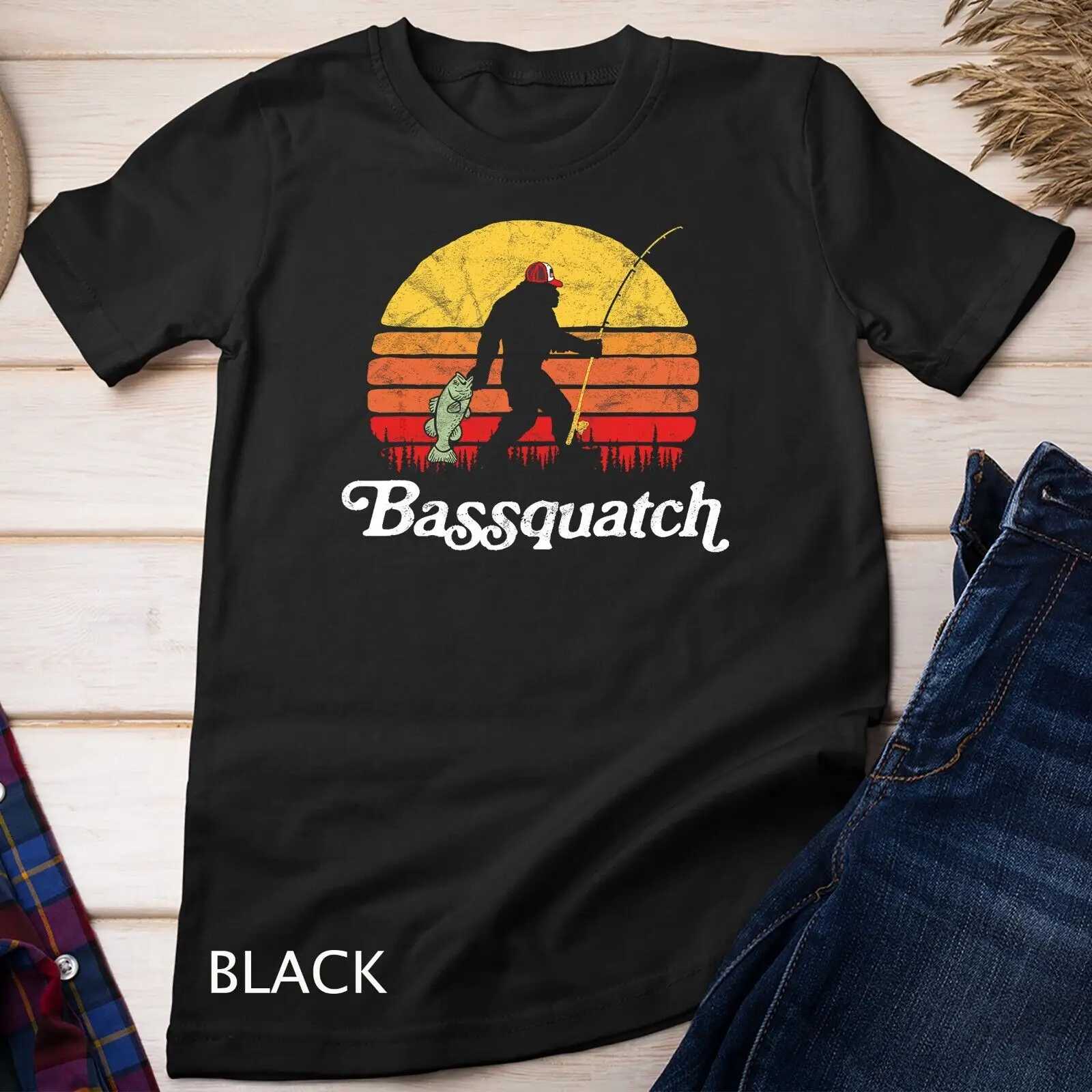 Забавная Ретро футболка Bassquatch для рыбалки на открытом воздухе унисекс