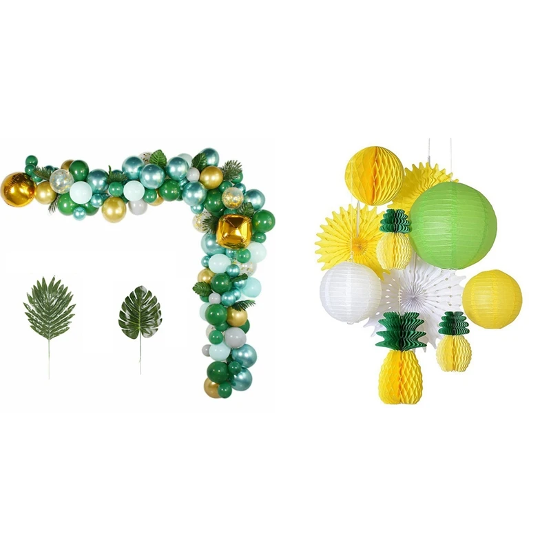 

10Pc Tropical Hawaiian Party Decoration Pineapple Honeycomb Ball Paper Lantern Fans & 167Pcs Jungle Safari Green Balloon