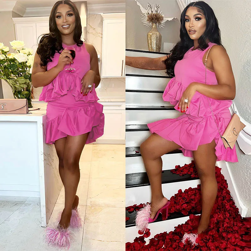 Женский костюм-юбка-миди с оборками и укороченный топ круглым вырезом 2024 летняя