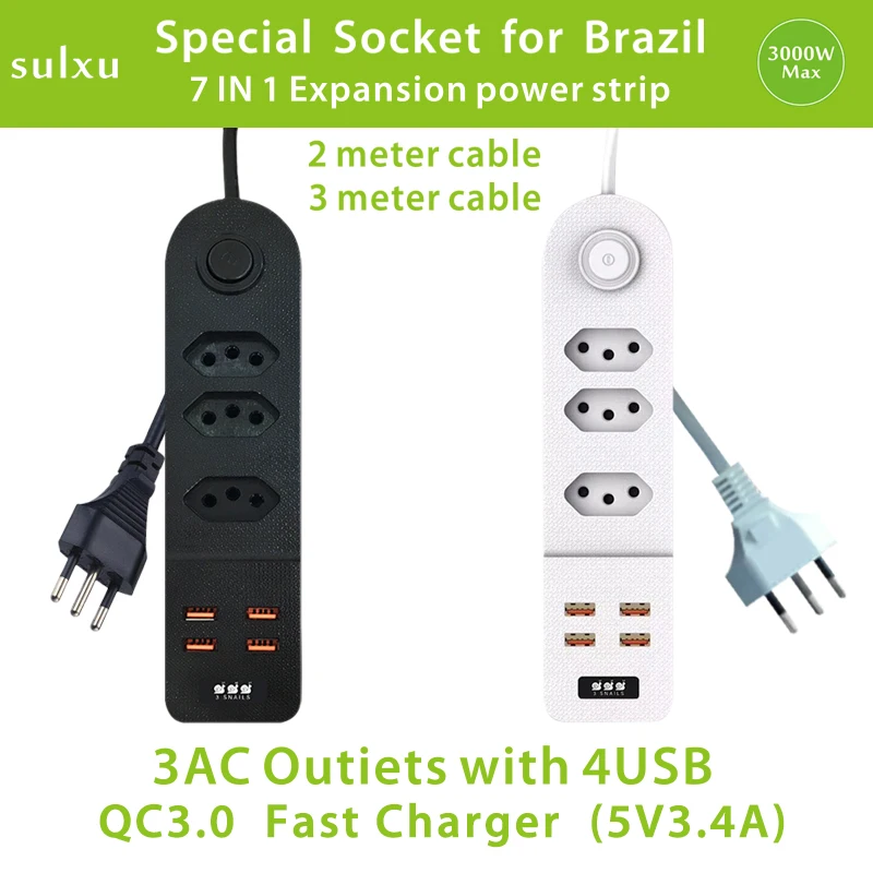 

Special socket for Brazil ,7 in 1 USB power socket 3AC Outlets with QC3.0 fast charging 3-meter cable extension power strip