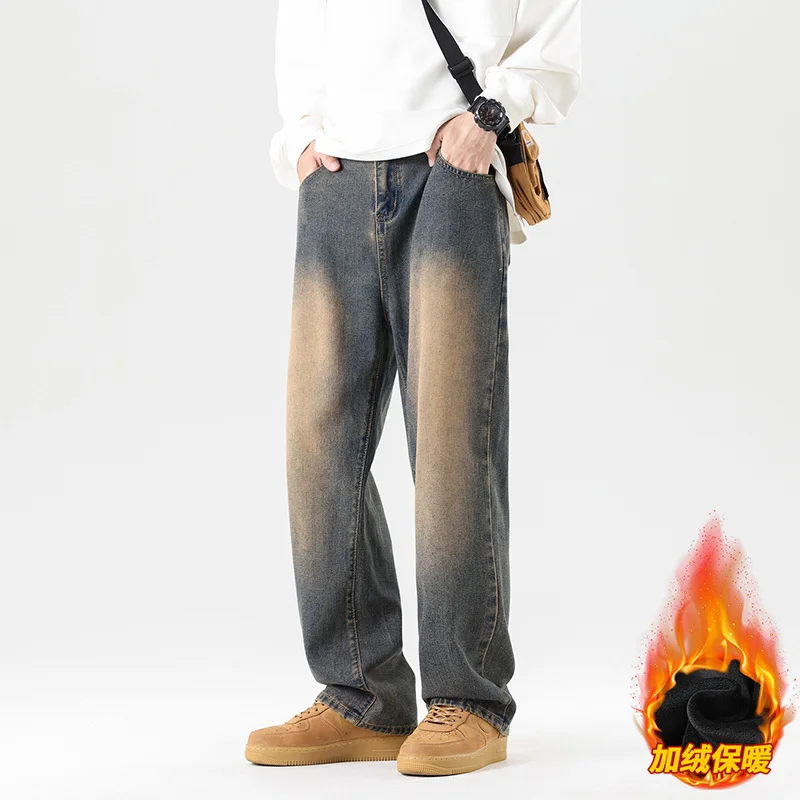 Уличные зимние мужские новые бархатные джинсы модные повседневные осенние