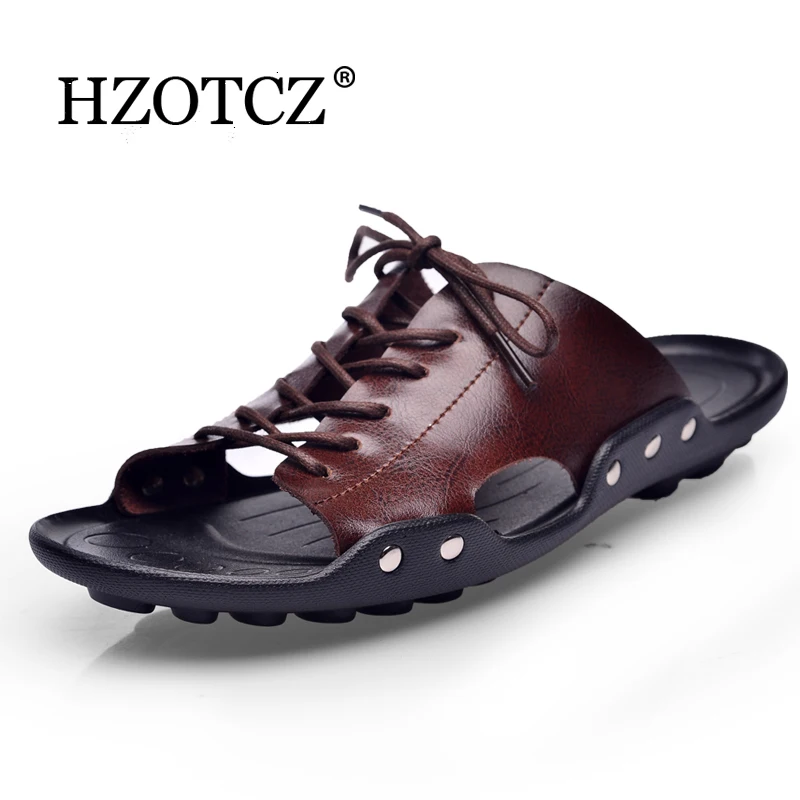 Шлепанцы мужские из натуральной бычьей кожи пляжные сандалии модные в