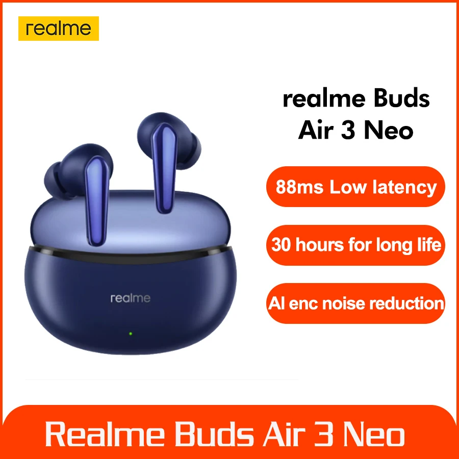 

Наушники Realme Buds Air 3 Neo, 30 часов автономной работы, ии ENC, шумоподавление, 88 мс, сверхнизкая задержка, водонепроницаемость IPX5