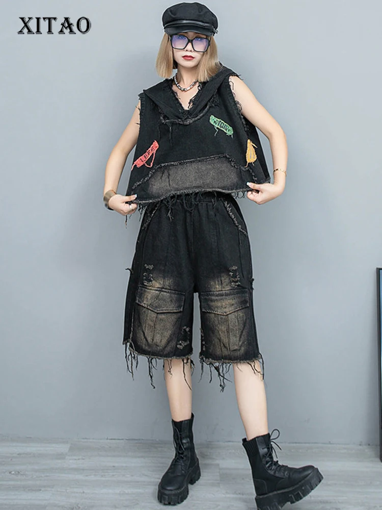 

XITAO Fashion Two Piece Set Personality Trend Patchwork Hooded Top Women Autumn New Arrival Loose Short Two Piece Set DMJ2146