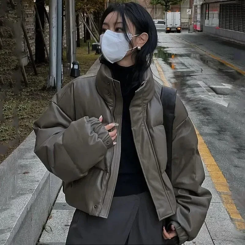 Пуховик из искусственной кожи с воротником-стойкой Южной Кореи одежда хлопковой