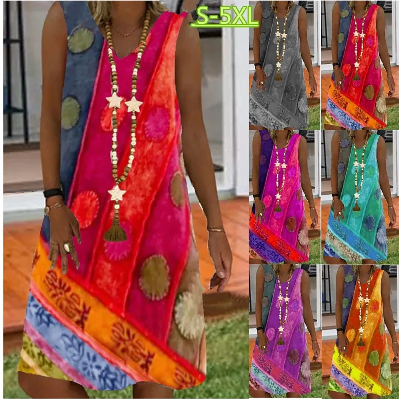 

Women's dress Sleeveless V-neck summer casual print knee-length skirt Fashion 3D printed Harajuku print dress xs-8xl