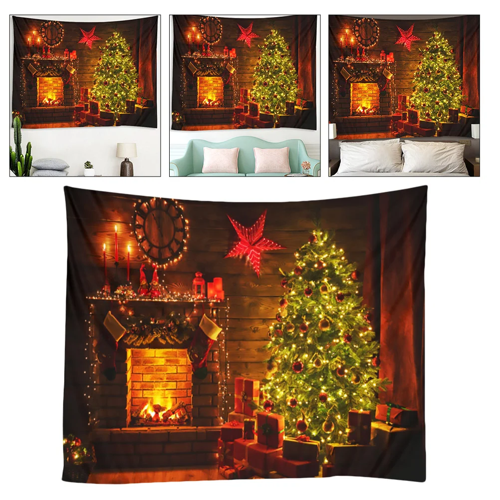 

Christmas Tapestry Wall Hanging Fireplace Xmas Tree Backdrop Sign Photo Props for Xmas Holiday Party 150x130cm Style 2