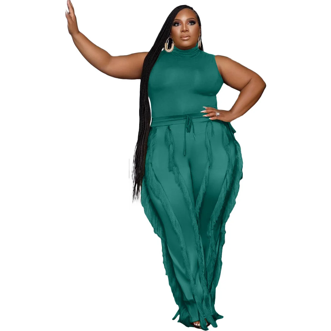 Plus Size Women's Two-piece Sets Tassel Pants Sleeveless Tops Casual Sports Outfits Large Size Female Fashion Solid Color Suits