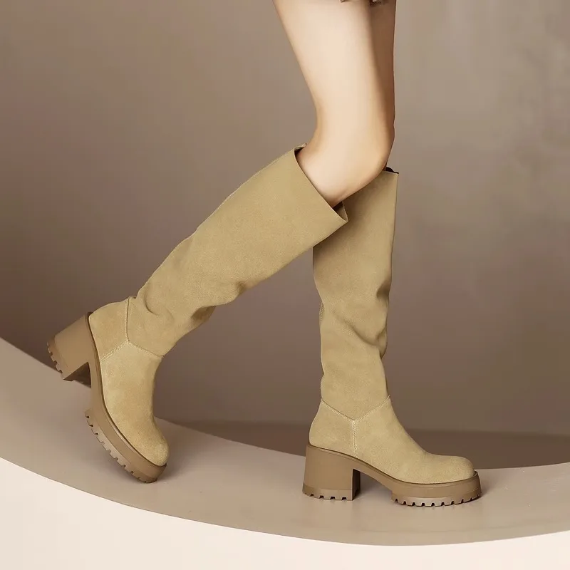 

2023 Autumn Women Boots Knight Suede Round Toe Long Boots Combat for Women Warm Plicated Knee-high High Boots Botines De Mujer