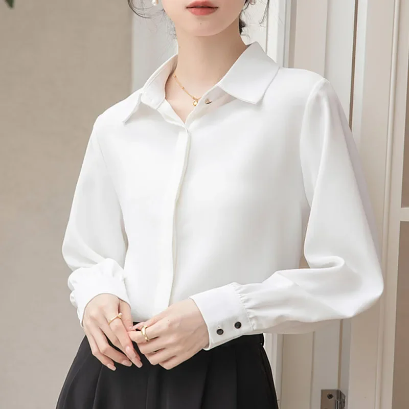 Новая офисная женская рубашка с длинным рукавом и отложным воротником белая