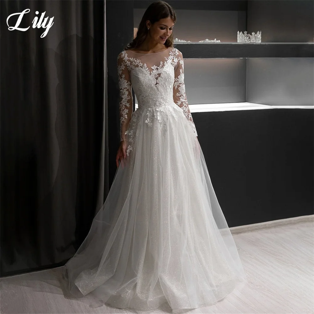 

A line Sequin Top Lace Appliques Long Sleeve Tulle Wedding Dress Bling Sequins Illusion Back With Button Back Beach Bridal Gowns