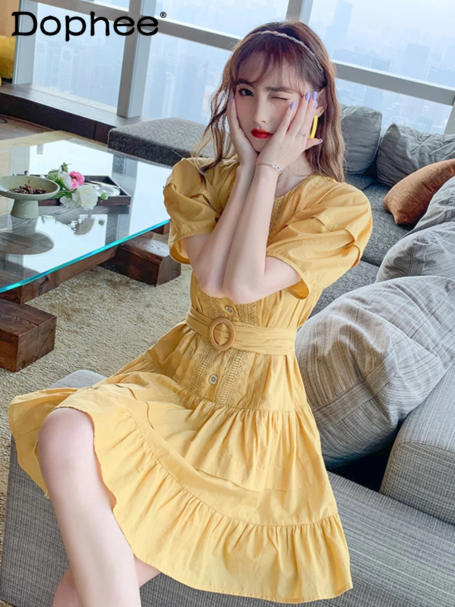 

French Ruffled Puff Short Sleeve A- Line Knee-Length Dress Seaside Holiday Office Ladies Dress 2022 Summer New Women Vestidos