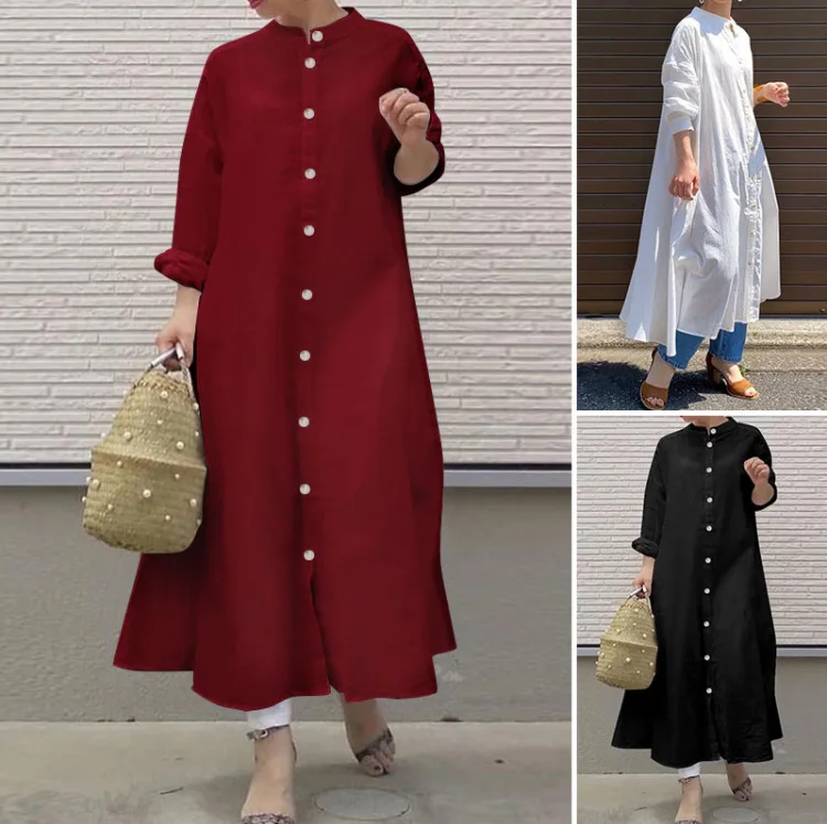 

2023 New Cotton Linen Commuter Temperament Solid Color Simple Versatile Stand Collar Long Sleeve Loose Shirt Dress Cardigan