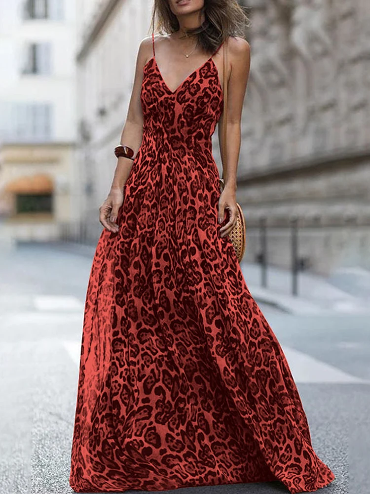 Sexy V Neck Leopard Print Sling Dress Summer Elegant Off Shoulder Long Party Dress Fashion Women Wrap Waist Slim Robe Dress