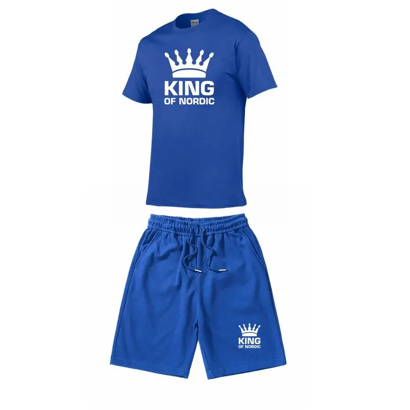 2023 KING new men's track and field suit summer men's suit fitness suit short-sleeved T-shirt+shorts suit cotton men's wear