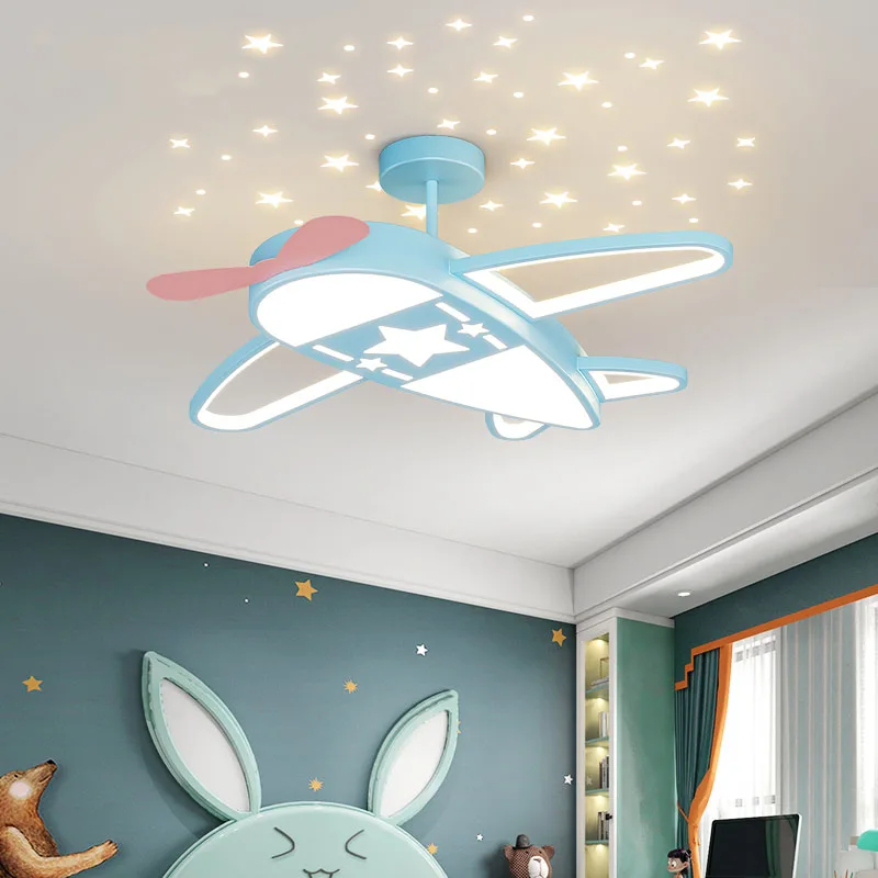 

Chandelier Light Simple Modern LED Creative Personality Children'sBedroom Boy Aircraft Light Blue Pink color star effect drop de