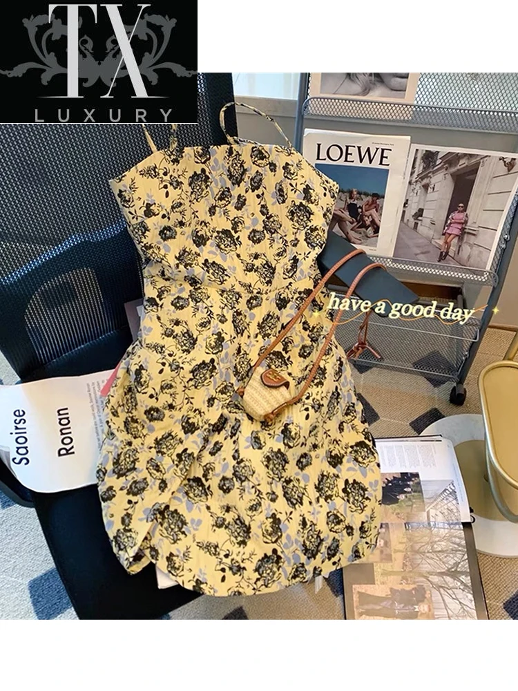 

Summer Fairy Women French Style Vintage Floral Print Spaghetti Strap Dress Sexy Slim Sweet Chiffon A-line Vestidos Ladies