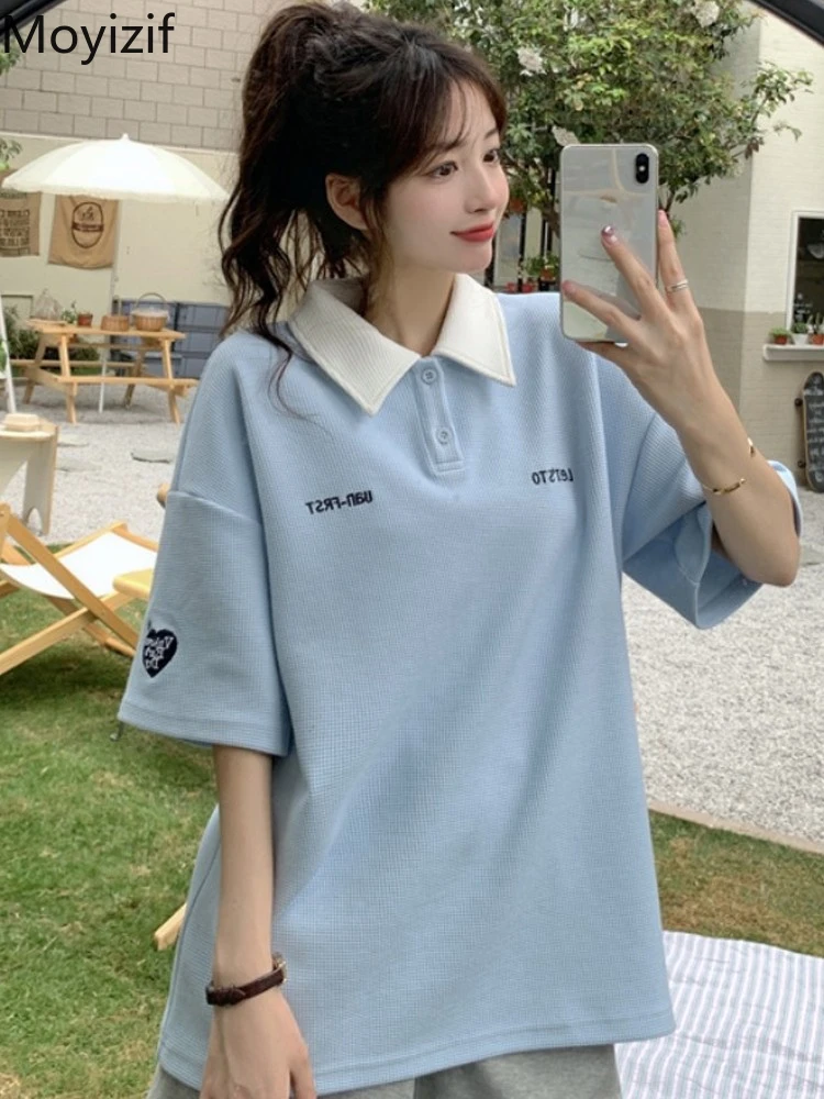 

Рубашка-поло Moyizif, летняя футболка оверсайз, повседневная женская одежда с коротким рукавом в стиле преппи, футболки, уличная одежда, топ для...
