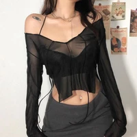 2022 sexy womens t shirt see through transparent mesh top long sleeved slim ladies v neck black t shirt springsummer y2k top