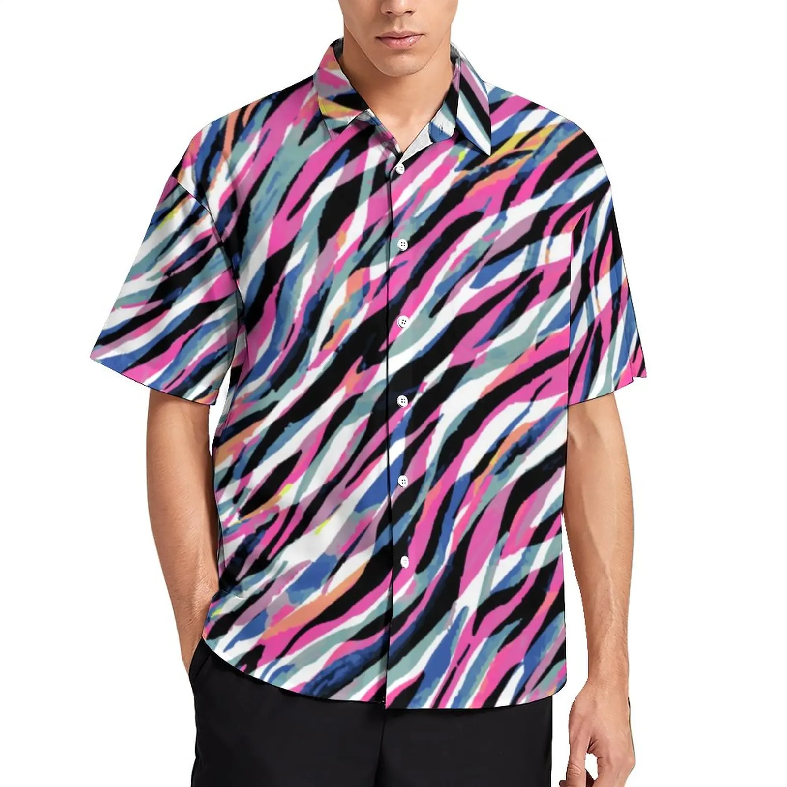 

Colorful Zebra Print Beach Shirt Male Abstract Stripes Casual Shirts Hawaiian Short Sleeve Harajuku Oversized Blouses Gift