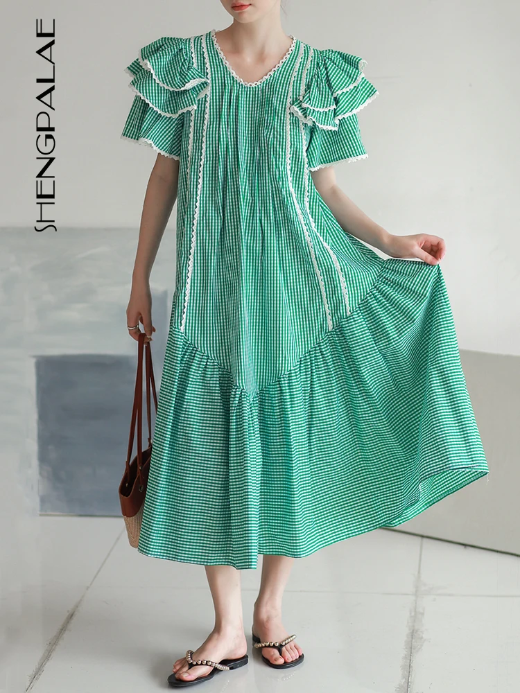 SHENGPALAE Plaid Fashion Princess Sleeve Dress For Women V-neck Folds Loose Casual Mid Calf A-line Robe Summer 2023 New 5R3906