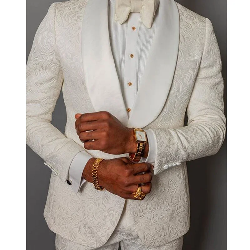 

Ivory Floral Pattern Groom Tuxedos for Wedding Shawl Satin Lapel Slim Fit Men Suits 2 Piece Male Fashion Jacket with Pants 2022