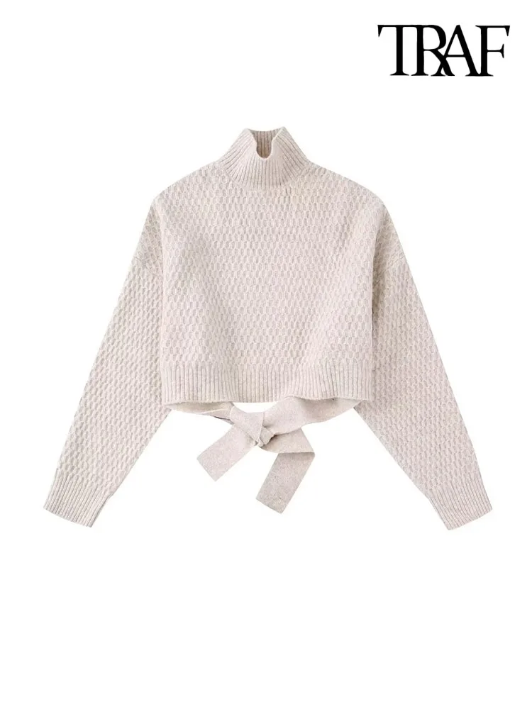 

TRAF Women Fashion Back Open With Tied Knit Cropped Sweater Vintage High Neck Long Sleeve Female Pullovers Chic Tops