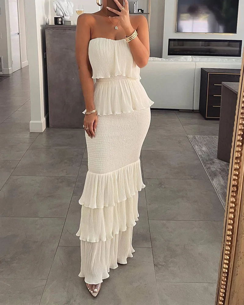 

Women's Beach Tunic Dress Cover Up Swimwear 2023 Female Kaftan Dresses Pleated Clothing Bohemian Summer Pareo Ruffle Elegant