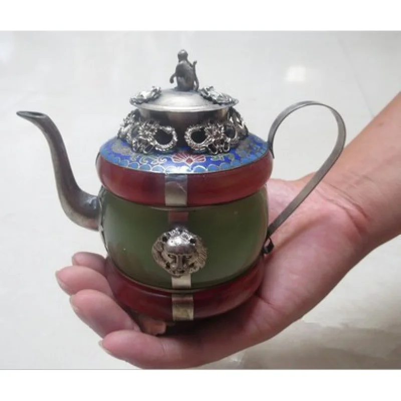 

Tibet silver porcelain Chinese RARE green Tibet silver red jade teapot shipping pot tools wedding Decoration Brass