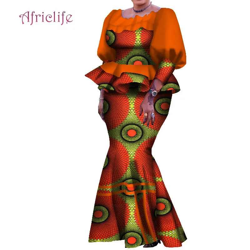 Traditional African Women Skirt Suit Pleated Top and Ankle Length Skirt Lovely Lady Plus Size Female Autumn Skirt Set WY7907