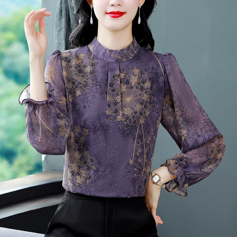 Женская шифоновая блузка с длинным рукавом и воротником-стойкой