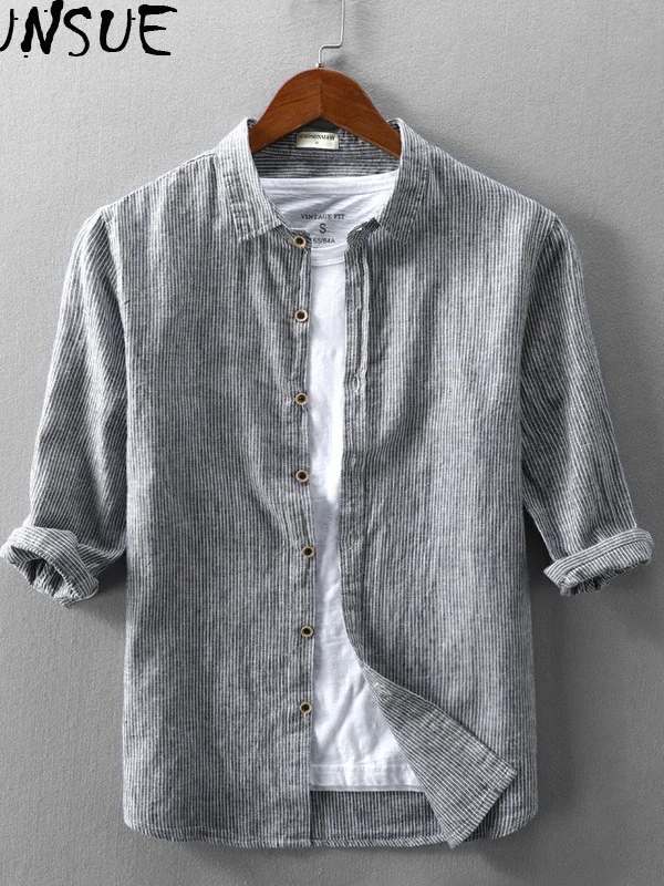 

Striped Summer Shirt Men Clothes Casual Cotton Linen Shirts Men clothes Blouse Korean Vintage Chemise Homme KJ4663