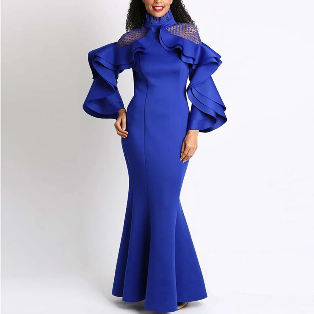 

Женское вечернее платье-Русалка с оборками, элегантное однотонное привлекательное праздничное платье макси до пола с длинным рукавом, моде...