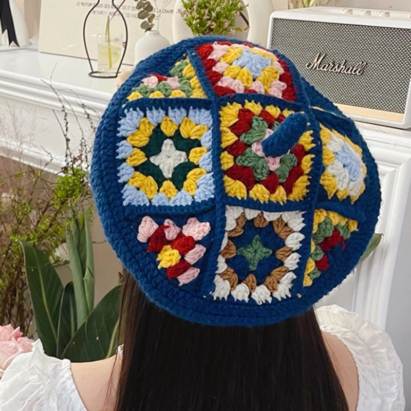 

Mori Berets 2022 Autumn and Winter New Handmade Needle Hook Ethnic Checkered Color Women's Hats All-match Warm Painter Caps