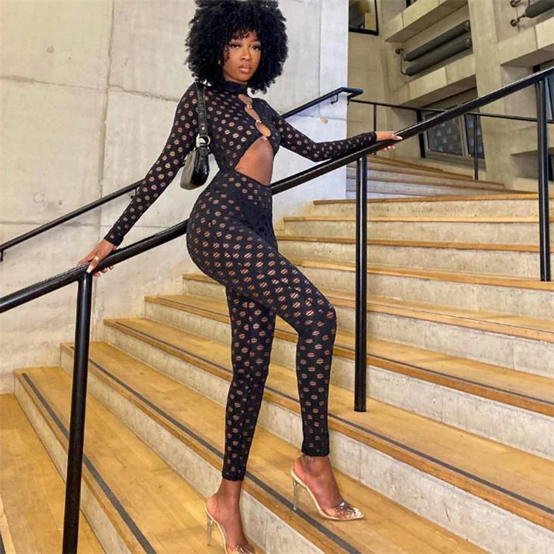 

WJFZQM Spring Hollow Out Black Jumpsuits Women Sexy One Piece Club Outfits For Women Turtleneck Long Sleeve Bodycon Jumpsuit
