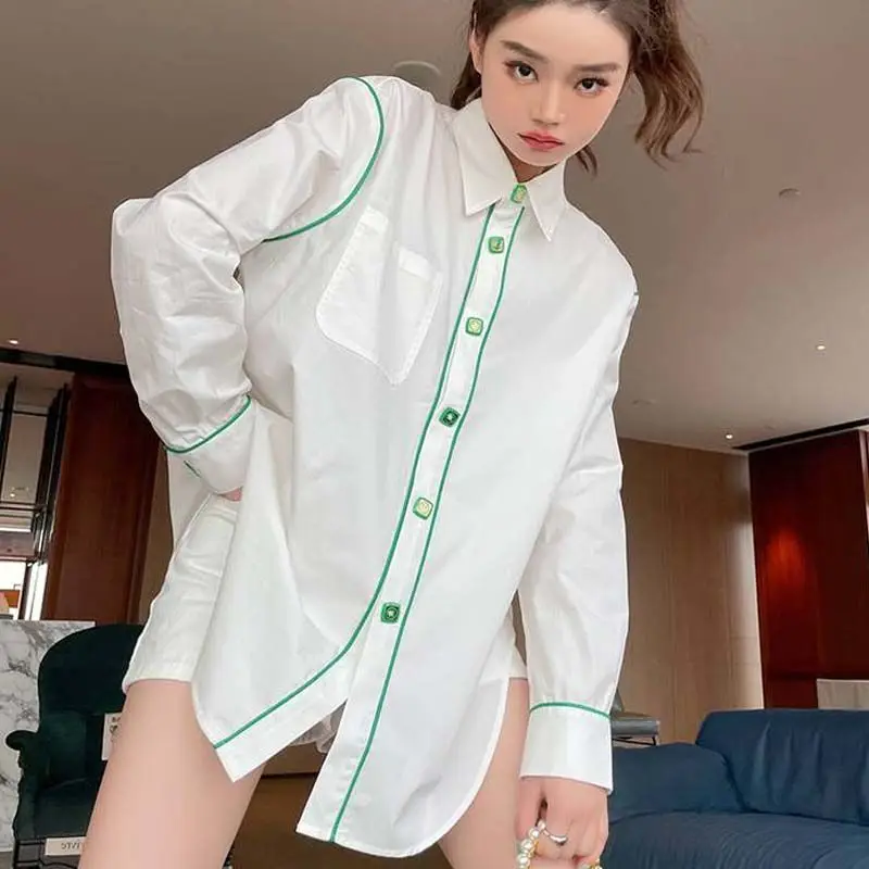 

Contrast Long Sleeve Turndown Collared Button Up Shirt Loose Blouse Korean Clothing Summer Fall Blusas Women Ladies Top Casual