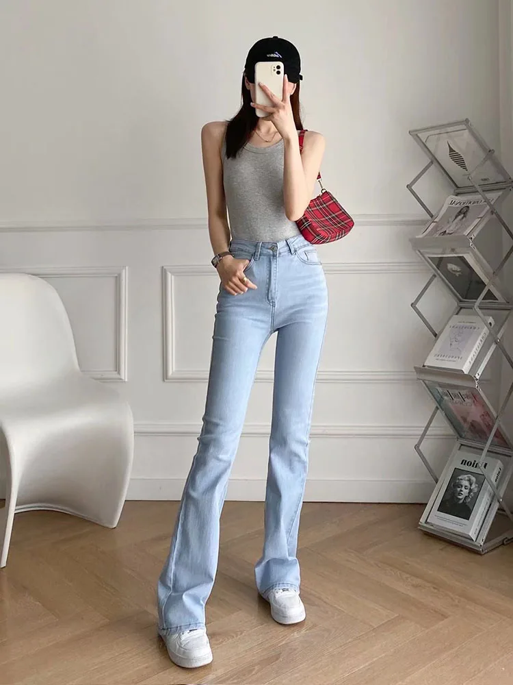 

ZATRHMBM 2022 Женская одежда Новые Модные расклешенные ковбойские брюки с высокой талией винтажные облегающие голубые джинсы с боковыми карманами для женщин