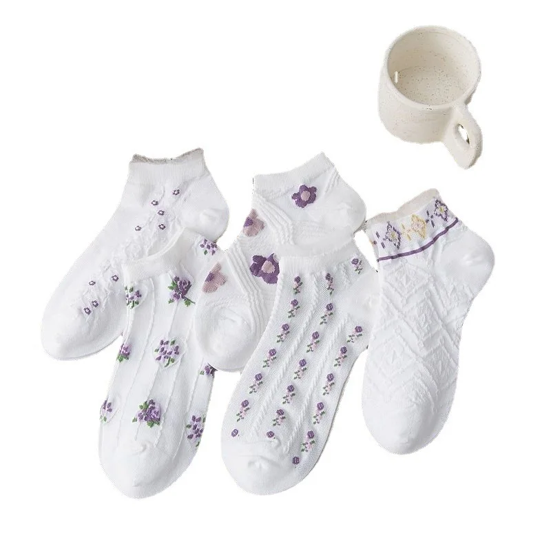 5 Pairs Lot New Women Cute Flower Ankle Socks Set Spring Summer Female Lady Boat Lace Low Cut Girl Happy Short Sock For Women