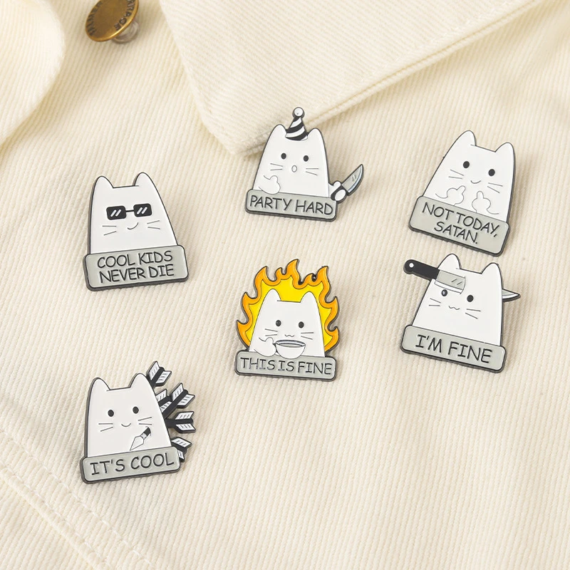 

Coffee Drinking Cat Enamel Pins Custom Cartoon I'm FINE Cat Brooches Lapel Pin Shirt Bag Badge Cartoon Jewelry For Animal Lover