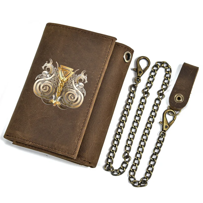 Retro Genuine Leather Men Wallet Anti Theft Hasp With Iron Chain Viking Dragon Cover Card Holder Rfid Short Purse BT3555