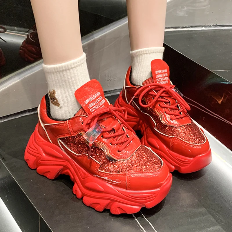 

Lucyever Shinky Sequin Chunky Sneakers Women Spring Autumn Thick Heels Vulcanized Shoes Women Lace Up Platform Shoes Mujer 2022