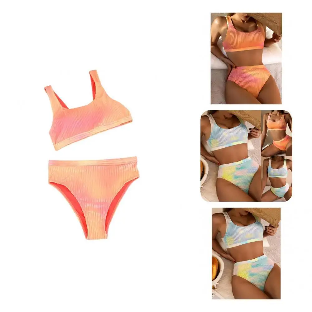 

2Pcs/Set Simple Women Swimwear Wire Free Ladies Split Bikini High Stretch Slim Bikini