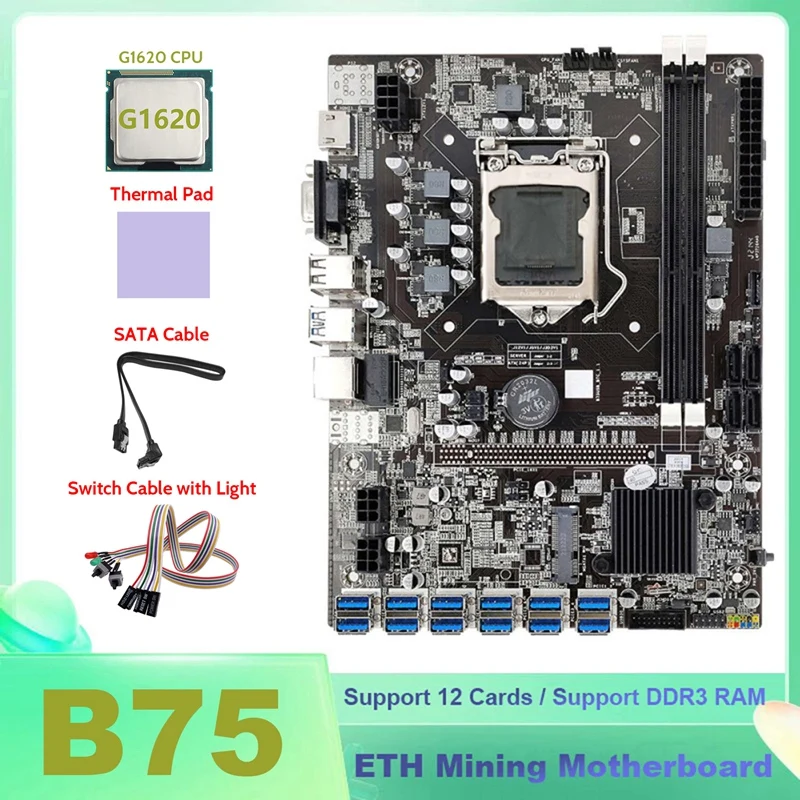 

Материнская плата для майнинга B75 ETH 12xusb + G1620 CPU + SATA кабель + кабель переключателя света + термопад B75 USB BTC материнская плата для майнинга