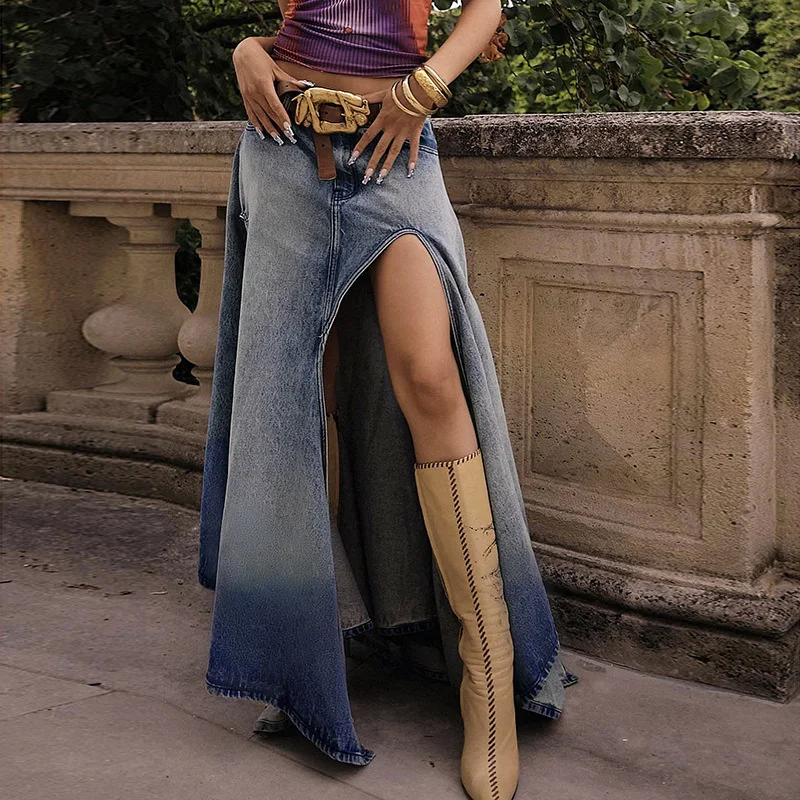 

Женская джинсовая юбка с разрезом, асимметричная юбка-макси из потертого денима с низкой талией и градиентом, Y2K, уличная одежда в стиле гранж, разных цветов