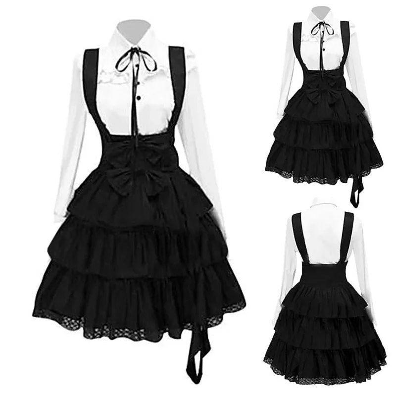 

2022 Summer Gothic Black Chic Ruffles Lace Up Bowknot Long Sleeve Lolita Dresses for Women Punk Anime Cosplay Party Outfits