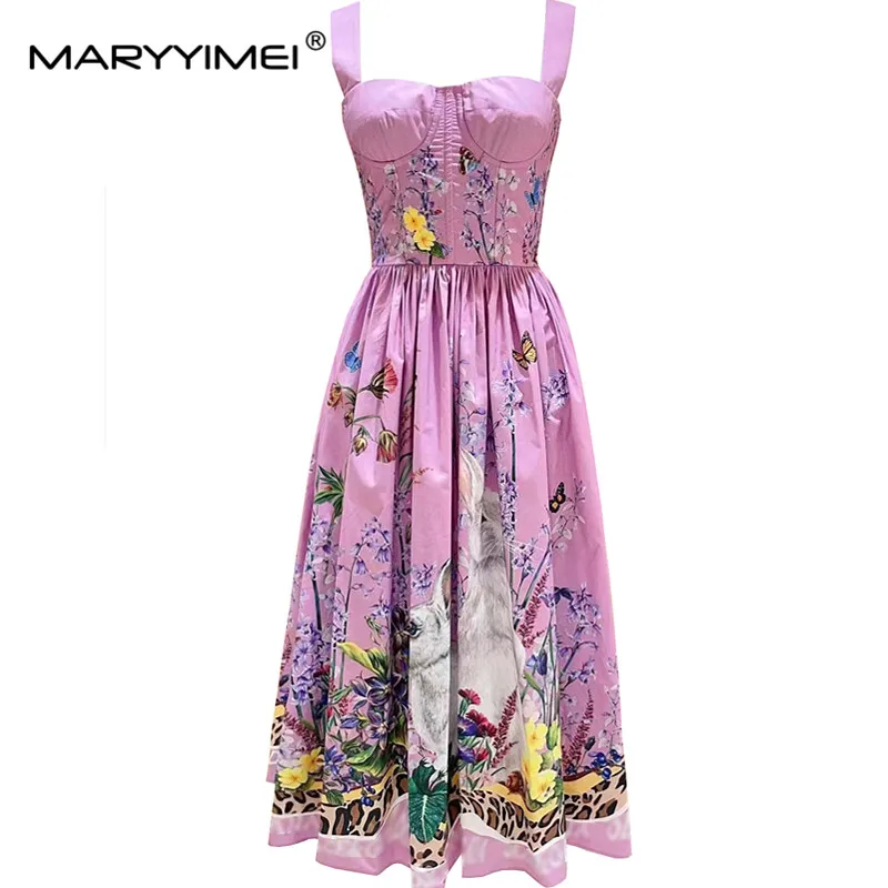 

MARYYIMEI Summer Women's Cotton dress Spaghetti Strap Little White Rabbit Floral-Print Slim Cotton Dresses