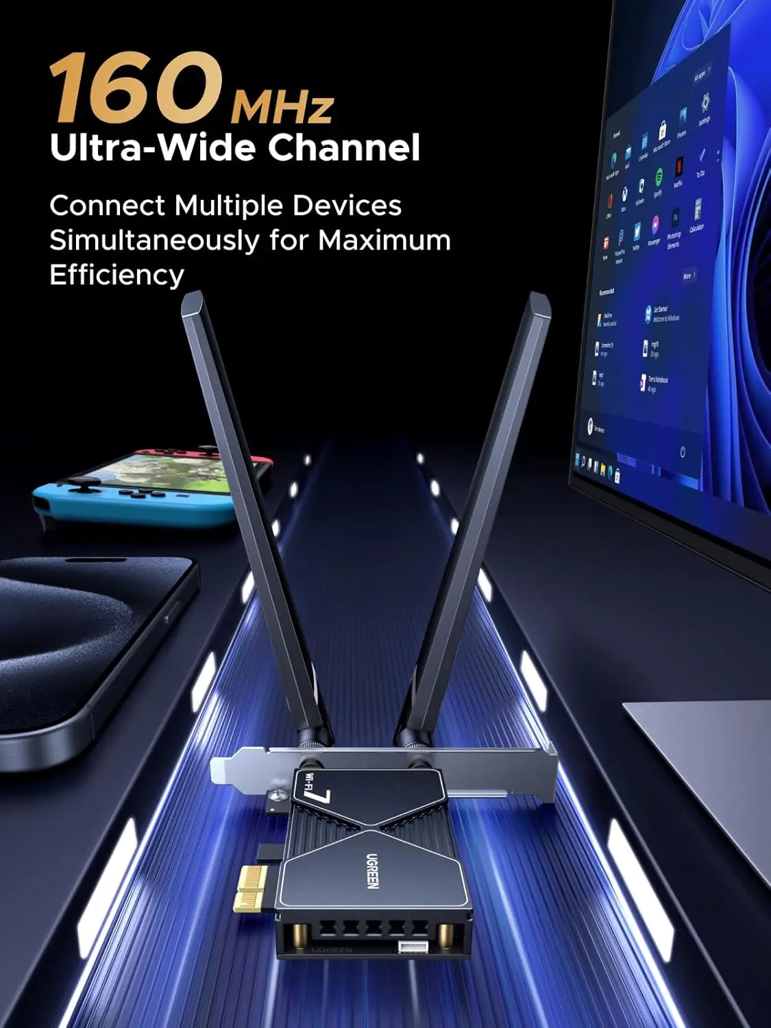 Фото MAF UGREEN WiFi 7 BE6500 PCIe 4-контактная Wi-Fi карта Bluetooth 5.4 IEEE 802.11ax/be 6G 2882 Мбит/с/5G 2882 Мбит/с/2.4G 688 Мбит/с BE3600 №4