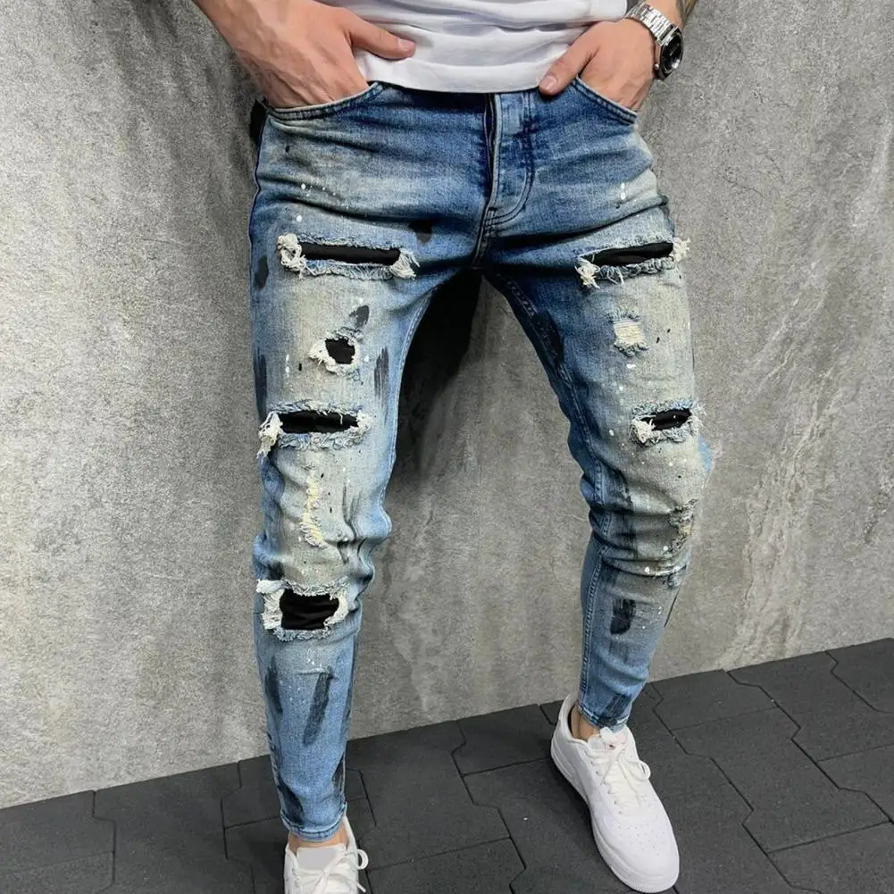 

Multi Pockets Male Slim-fitting Broken Holes Denim Pants for Daily Wear