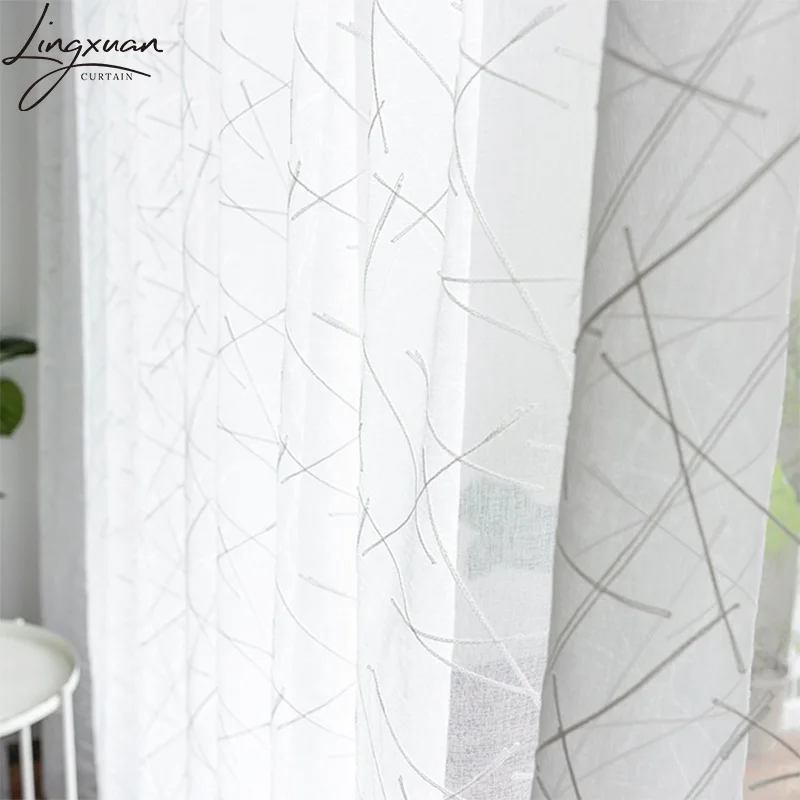 

Modern Striped Voile Curtains For Living Room Linen Sheer Curtain For Bedroom Embroidery Tulle For Window Kitchen Drapes Blinds