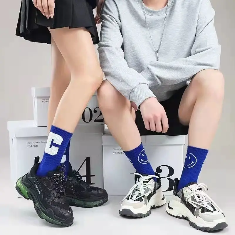 Klein Blue Socks Fashion Letter Smiley Women's Cotton Knee High Socks Women Retro Style Casual  Street Sports Harajuku Socks